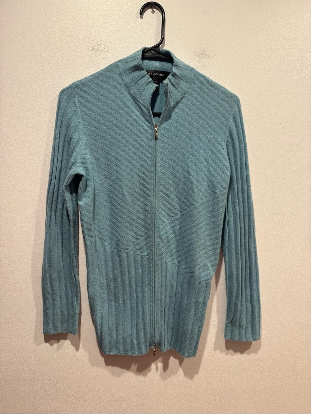 St. John Light Teal 100% Cashmere Zip-Front Knit Cardigan